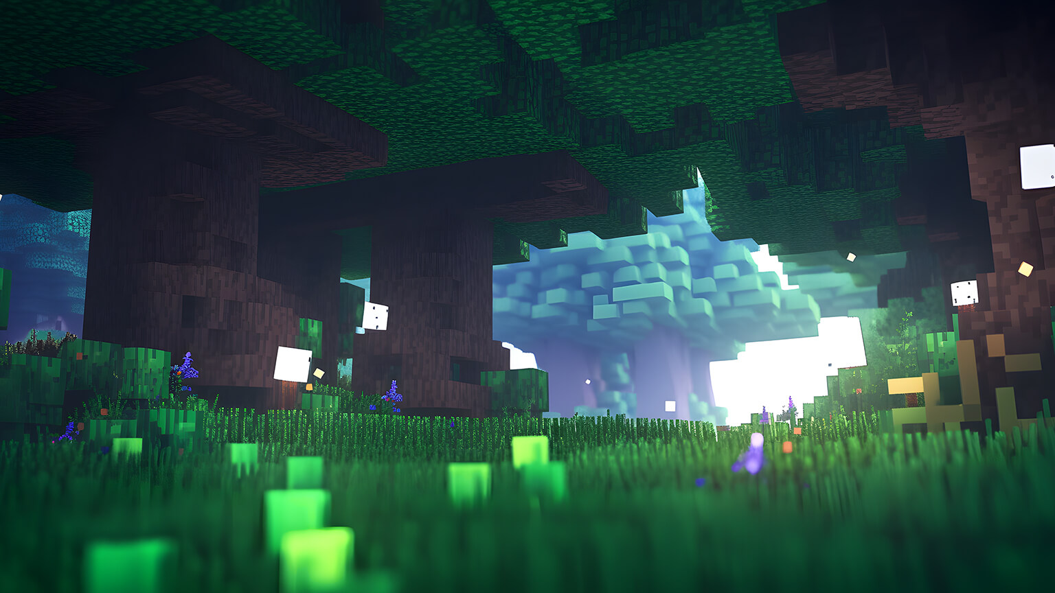 the sun rises in a dark woods biome