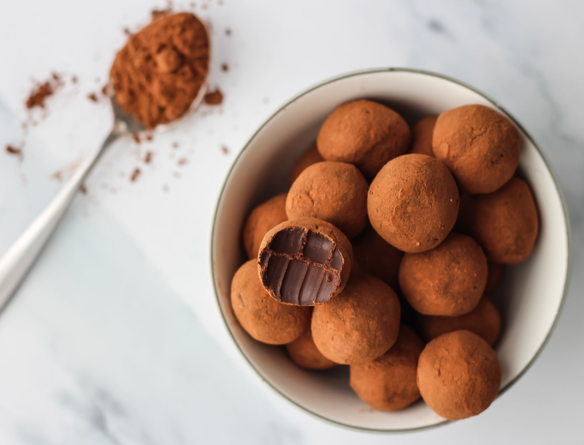 spherical chocolate truffles in a bowl